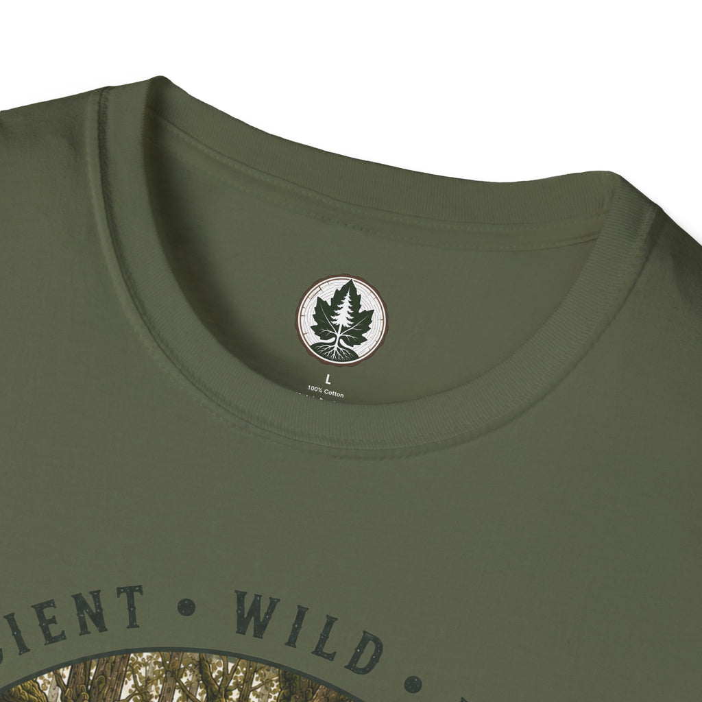 Pacific Northwest Tree T‑Shirt - "Ancient - Wild - Rooted" with Otto and Echo in the tree