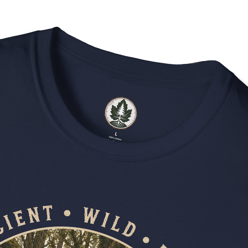 Pacific Northwest Tree T‑Shirt - "Ancient - Wild - Rooted" with Otto and Echo in the tree
