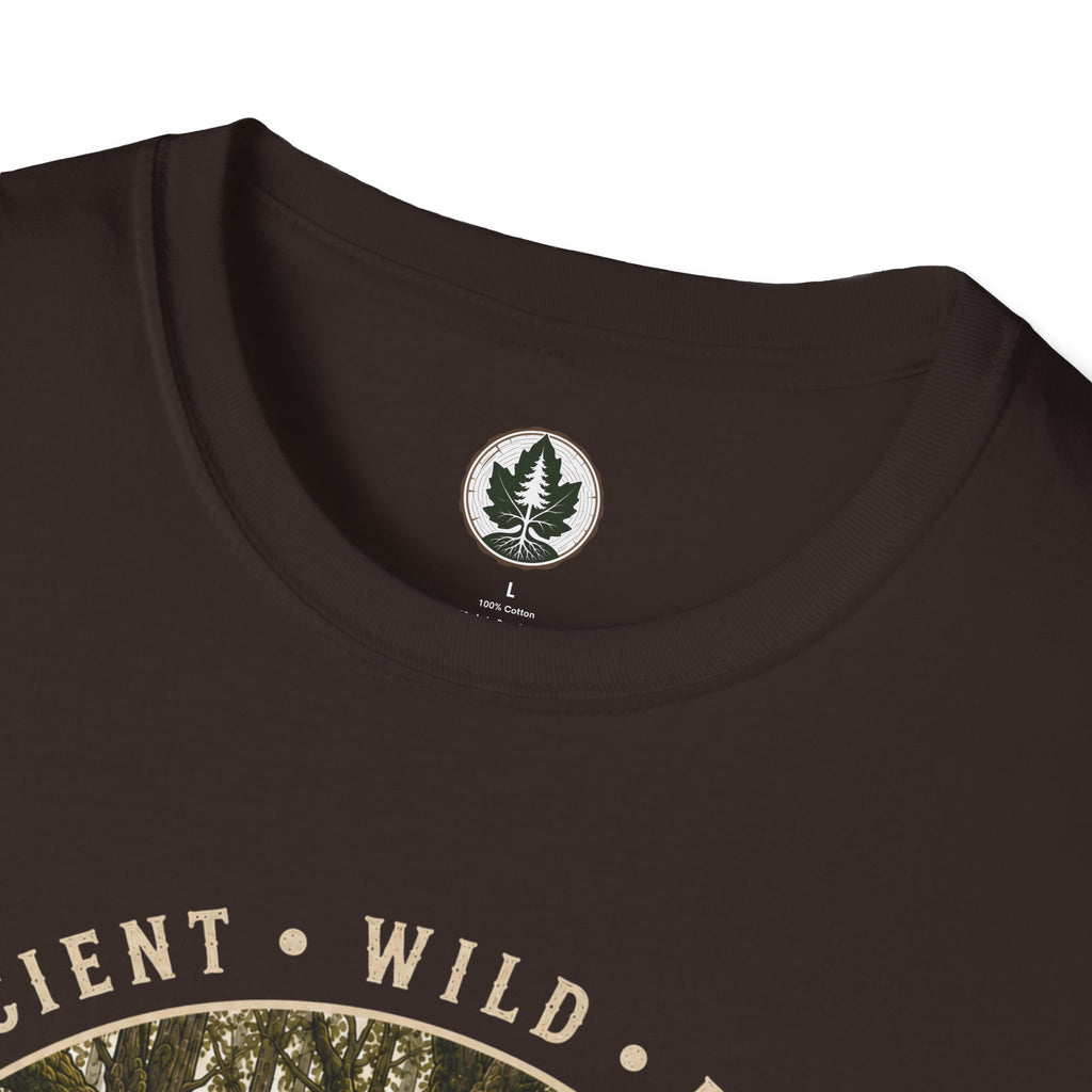 Pacific Northwest Tree T‑Shirt - "Ancient - Wild - Rooted" with Otto and Echo in the tree