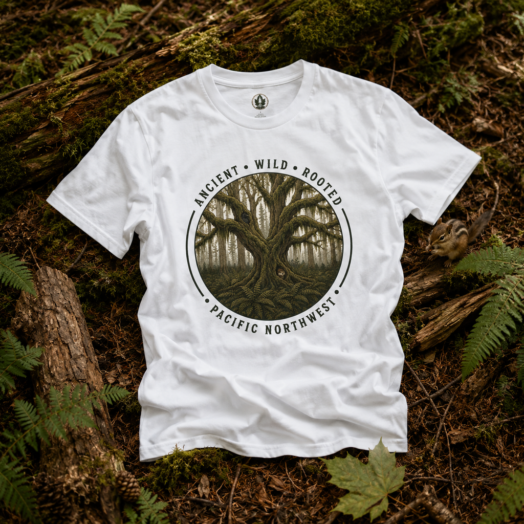 Pacific Northwest Tree T‑Shirt - "Ancient - Wild - Rooted" with Otto and Echo in the tree