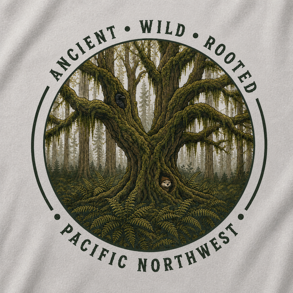 Pacific Northwest Tree T‑Shirt - "Ancient - Wild - Rooted" with Otto and Echo in the tree