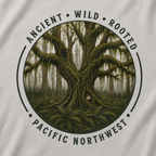 Pacific Northwest Tree T‑Shirt - "Ancient - Wild - Rooted" with Otto and Echo in the tree