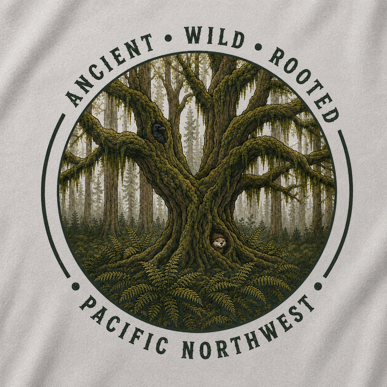Pacific Northwest Tree T‑Shirt - "Ancient - Wild - Rooted" with Otto and Echo in the tree