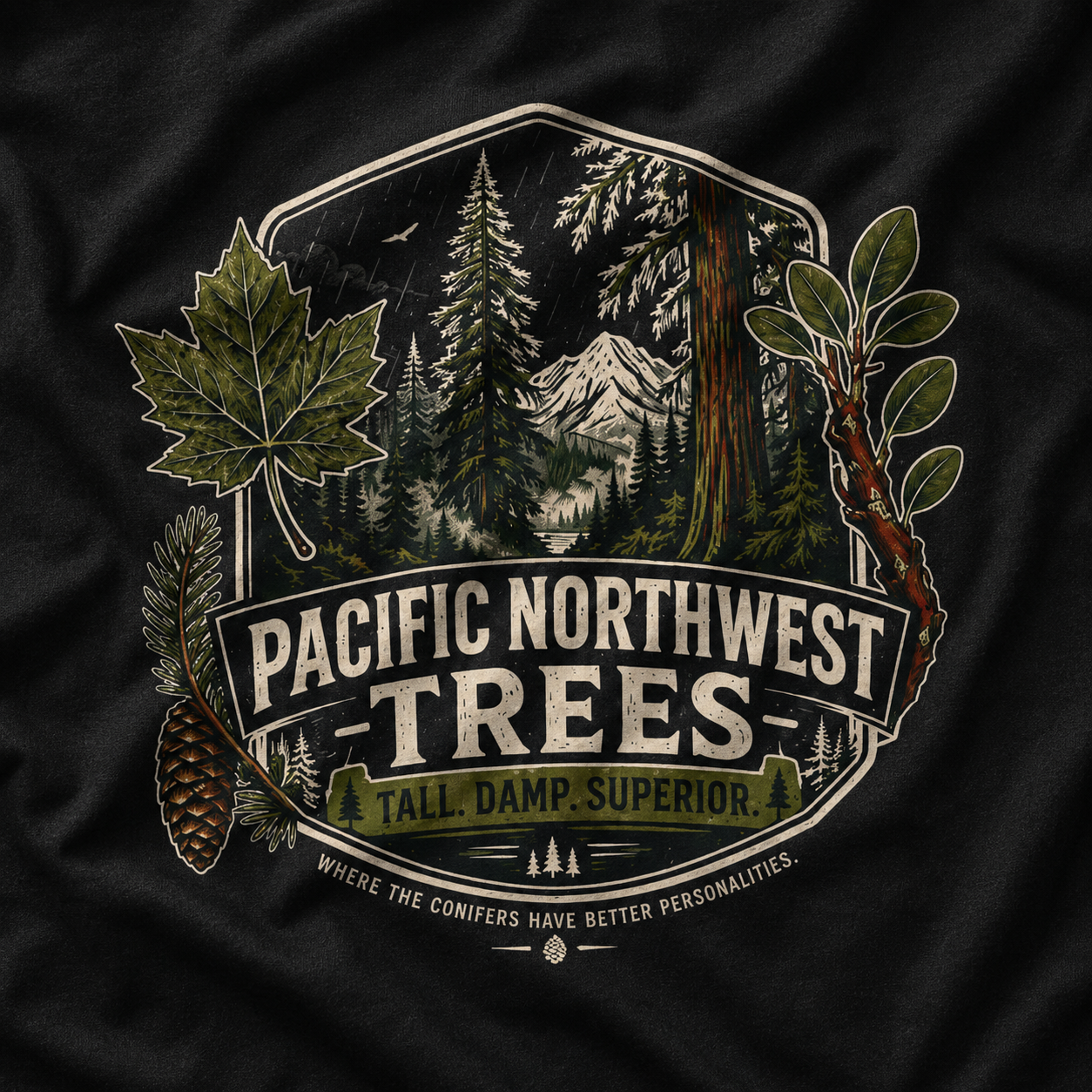 Pacific Northwest Trees, Tall, Damp, Superior T‑Shirt