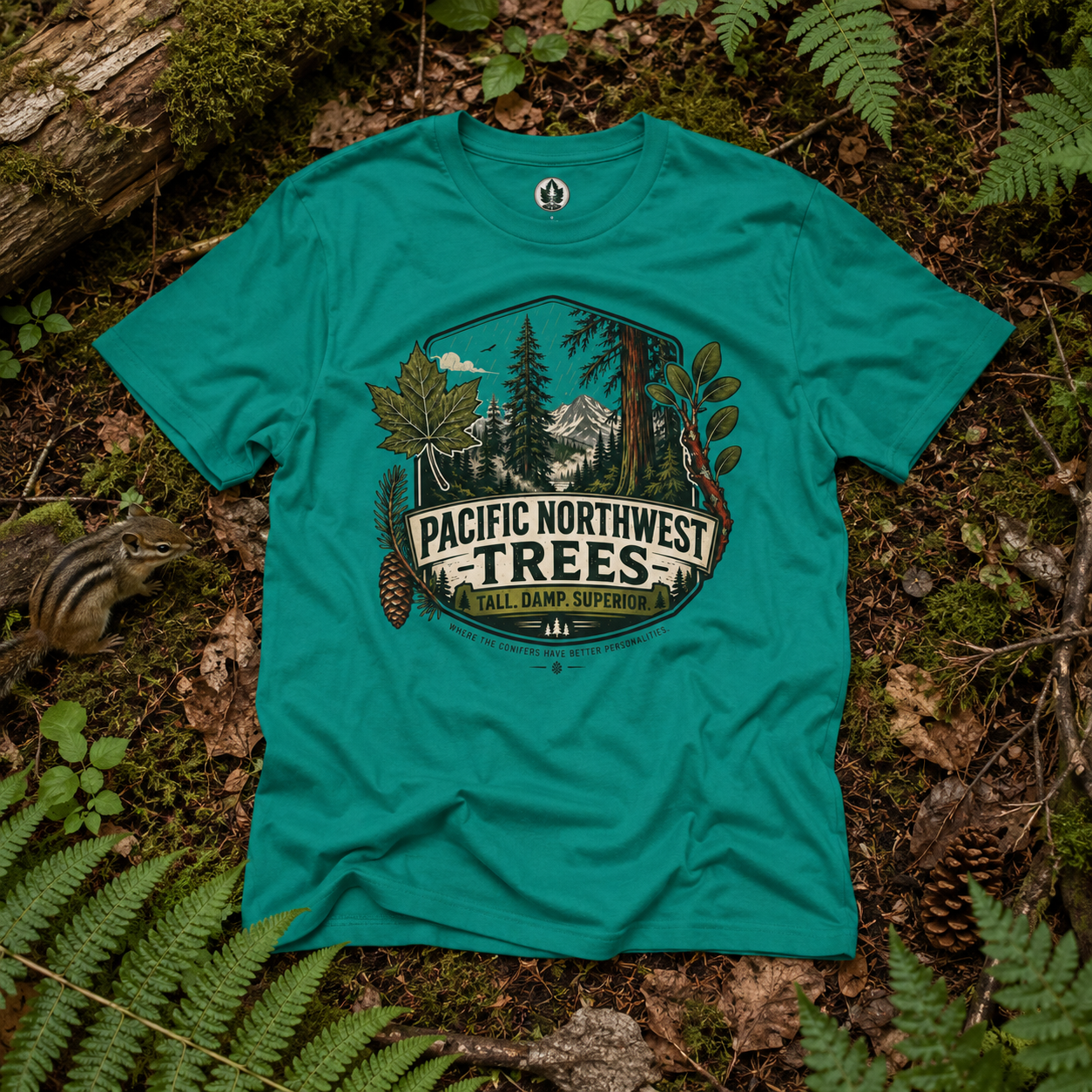 Pacific Northwest Trees, Tall, Damp, Superior T‑Shirt