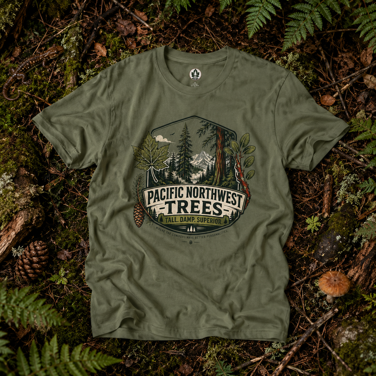 Pacific Northwest Trees, Tall, Damp, Superior T‑Shirt