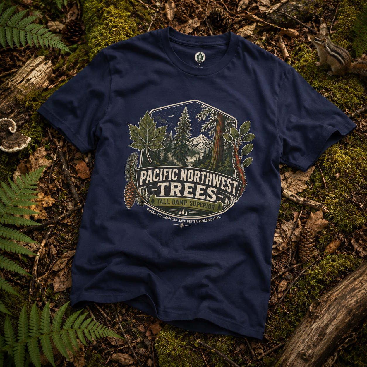 Pacific Northwest Trees, Tall, Damp, Superior T‑Shirt