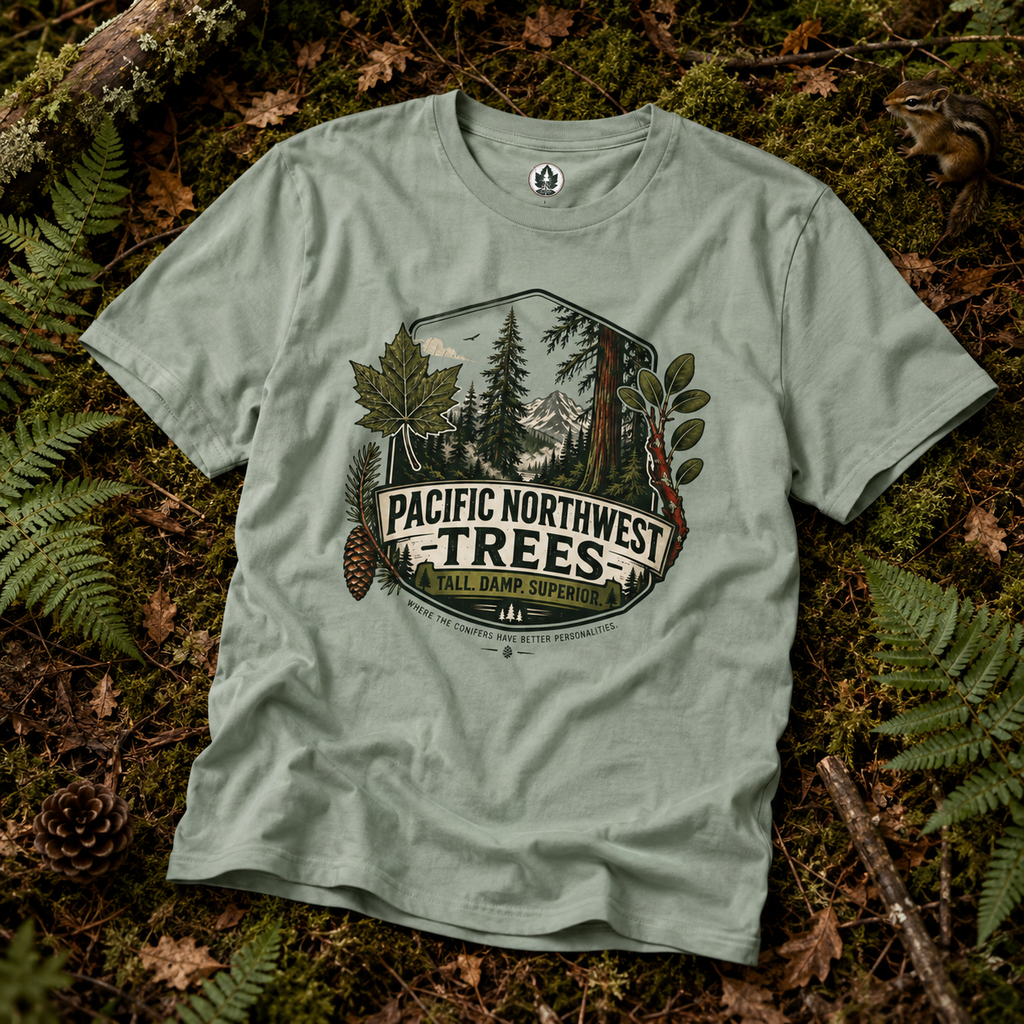 Pacific Northwest Trees, Tall, Damp, Superior T‑Shirt