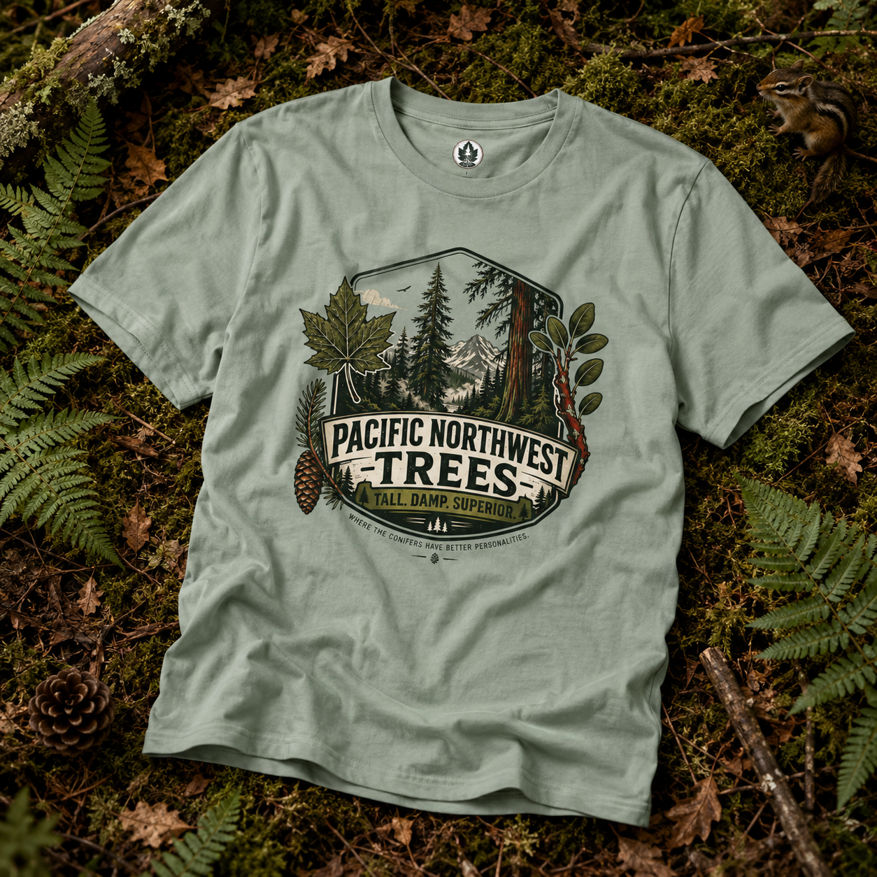 Pacific Northwest Trees, Tall, Damp, Superior T‑Shirt