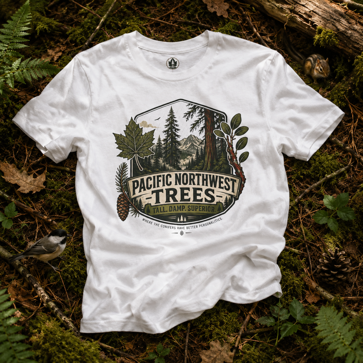 Pacific Northwest Trees, Tall, Damp, Superior T‑Shirt