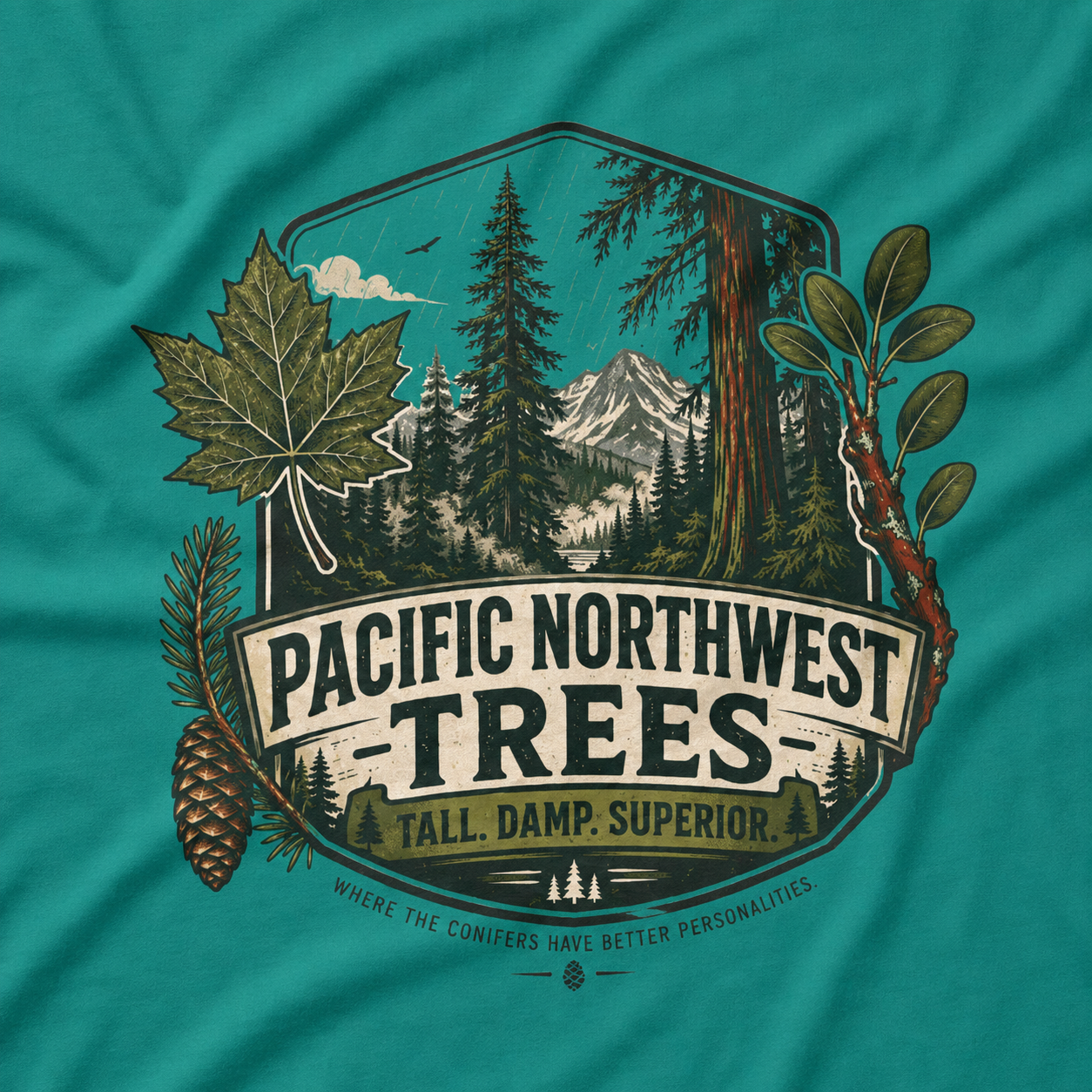 Pacific Northwest Trees, Tall, Damp, Superior T‑Shirt