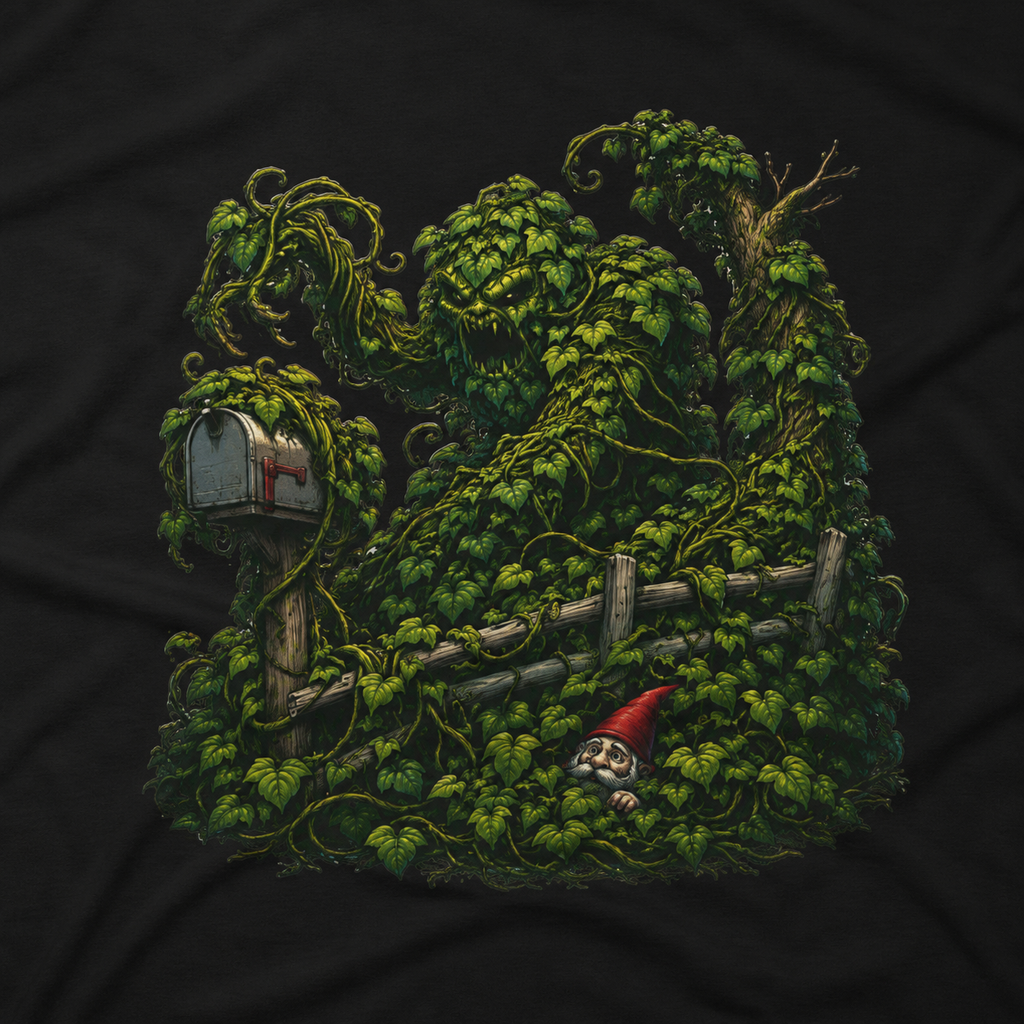 Kudzu Vine Monster with Garden Gnome Version 1 T‑Shirt