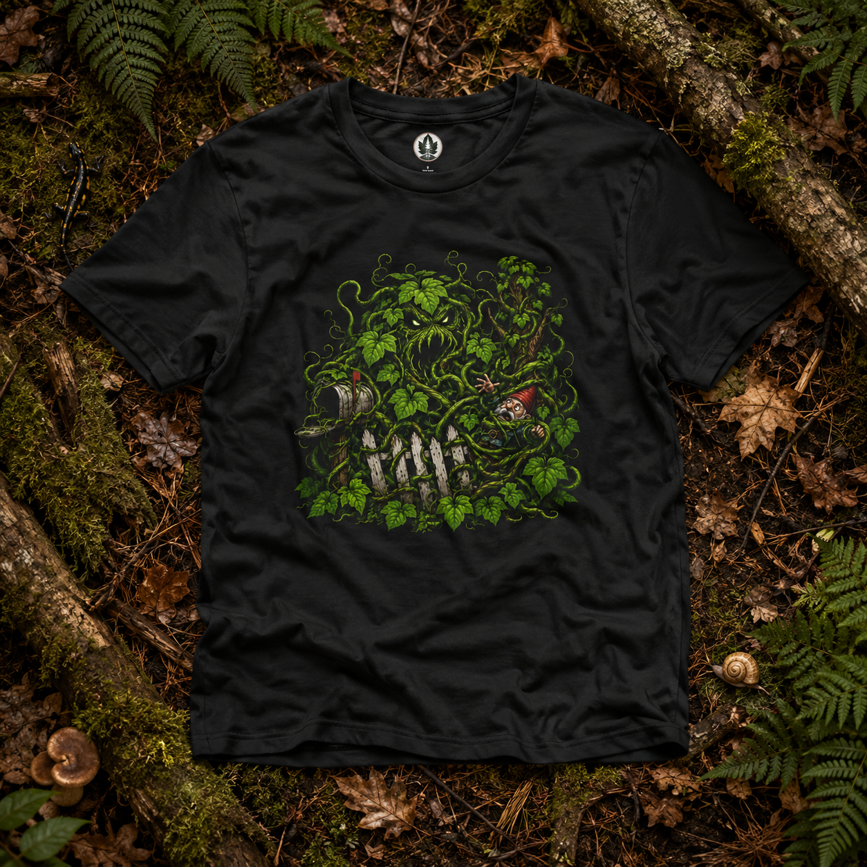 Kudzu Vine Monster with Garden Gnome Version 3 T‑Shirt