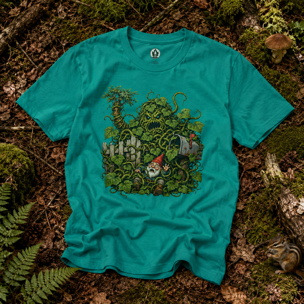 Kudzu Vine Monster with Garden Gnome Version 4 T‑Shirt