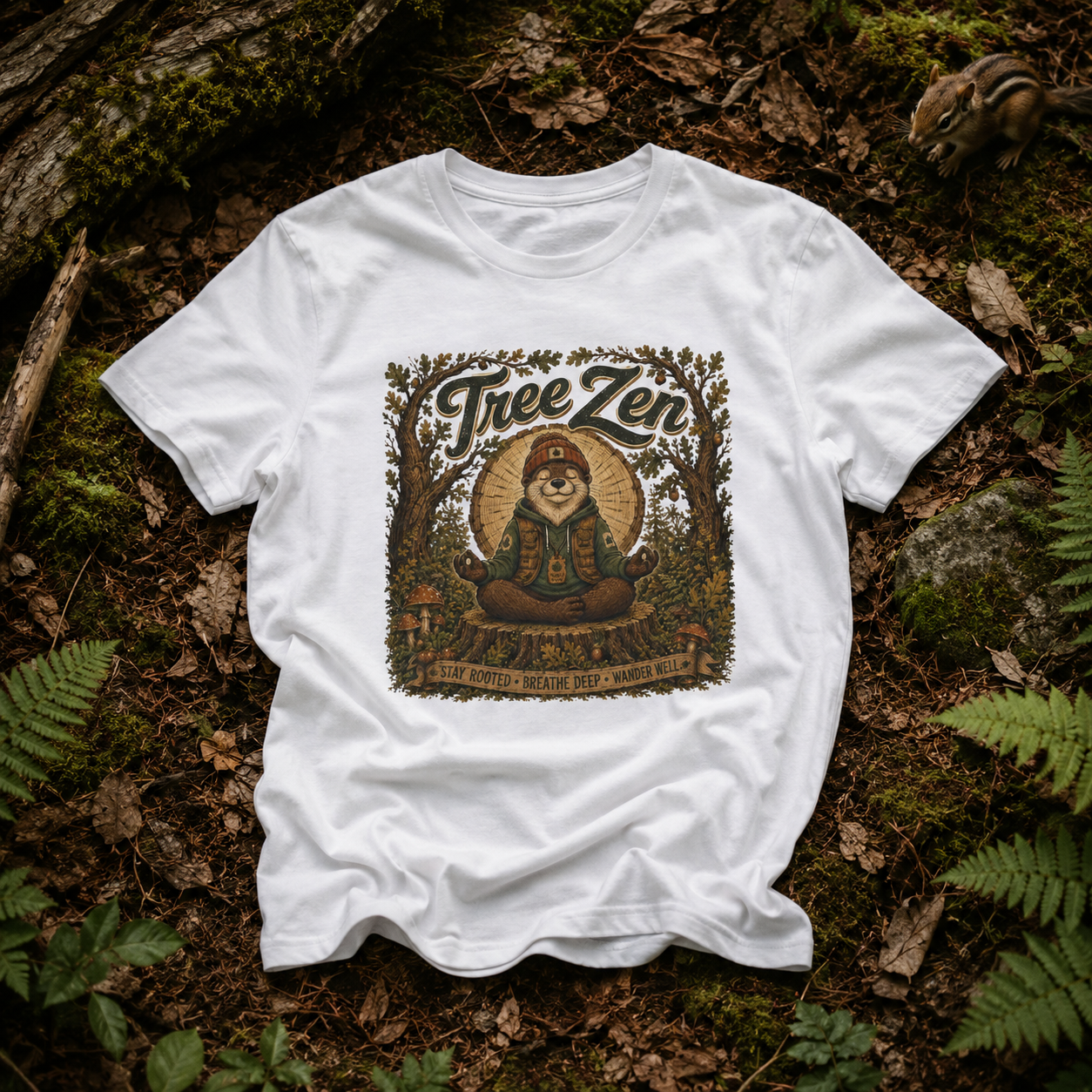 Tree Zen Version 2 Tree Rings and Oak Leaves background T‑Shirt