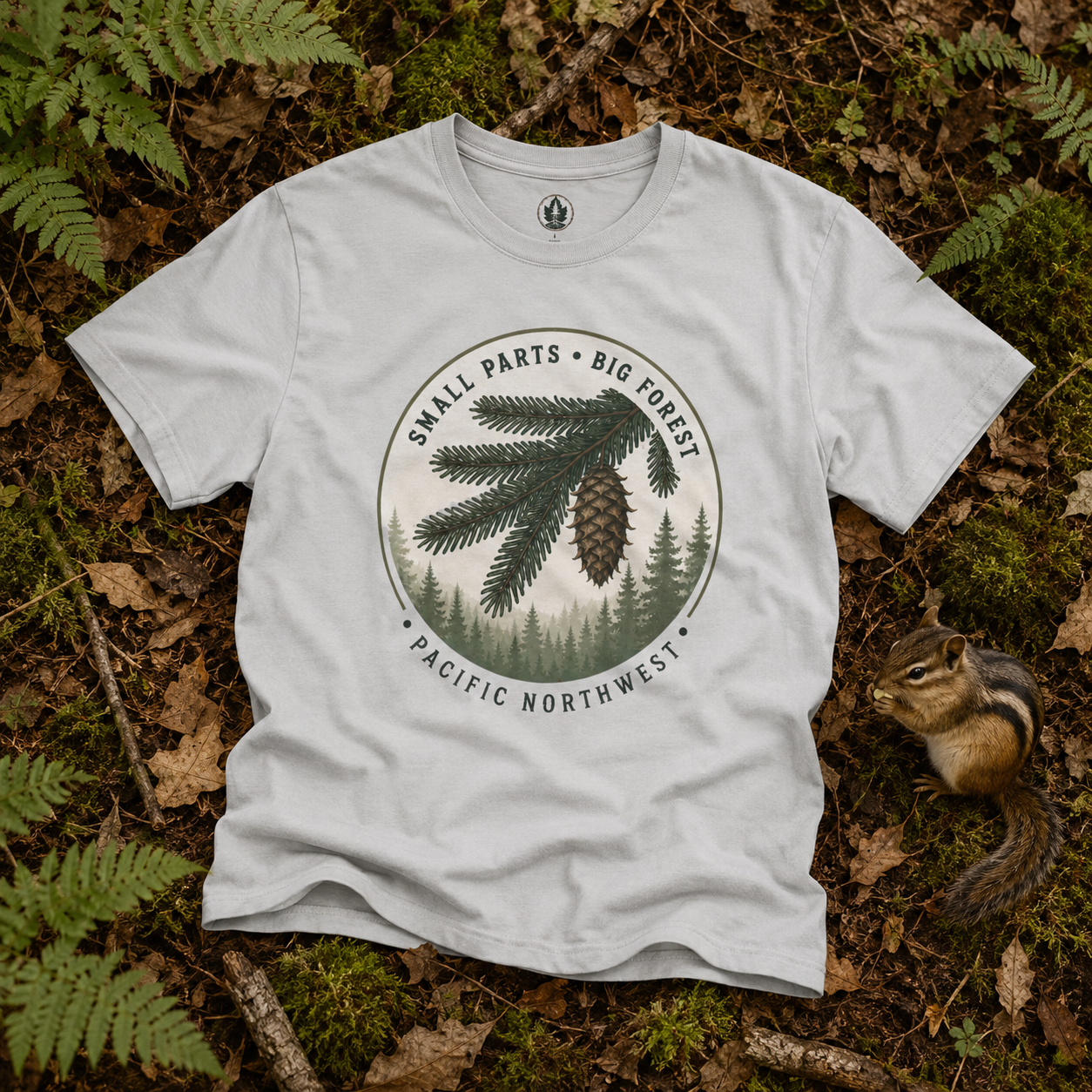 Pacific Northwest Tree T‑Shirt — “Small Parts - Big Forest” Tee