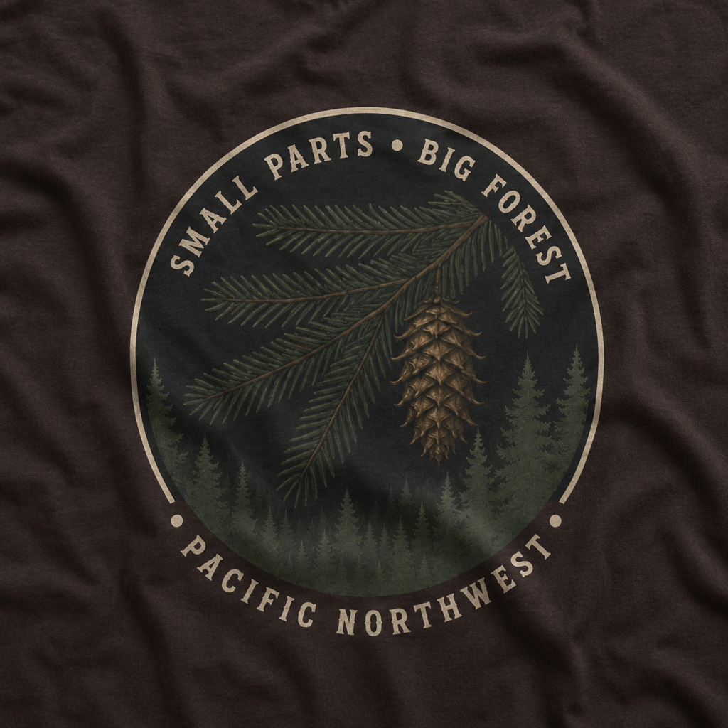 Pacific Northwest Tree T‑Shirt — “Small Parts - Big Forest” Tee