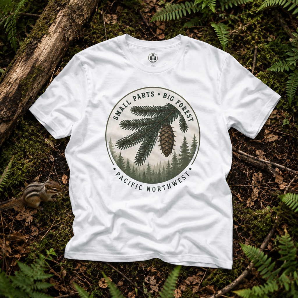 Pacific Northwest Tree T‑Shirt — “Small Parts - Big Forest” Tee
