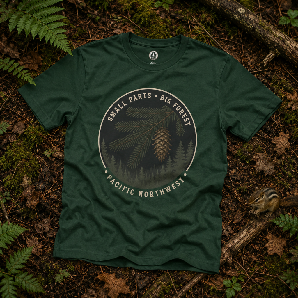 Pacific Northwest Tree T‑Shirt — “Small Parts - Big Forest” Tee