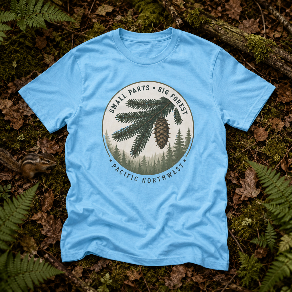 Pacific Northwest Tree T‑Shirt — “Small Parts - Big Forest” Tee