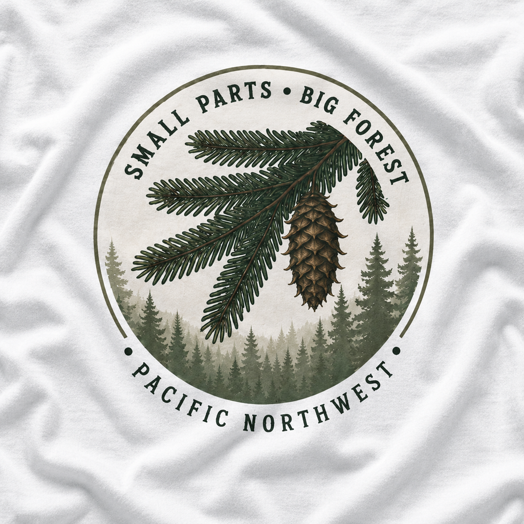 Pacific Northwest Tree T‑Shirt — “Small Parts - Big Forest” Tee