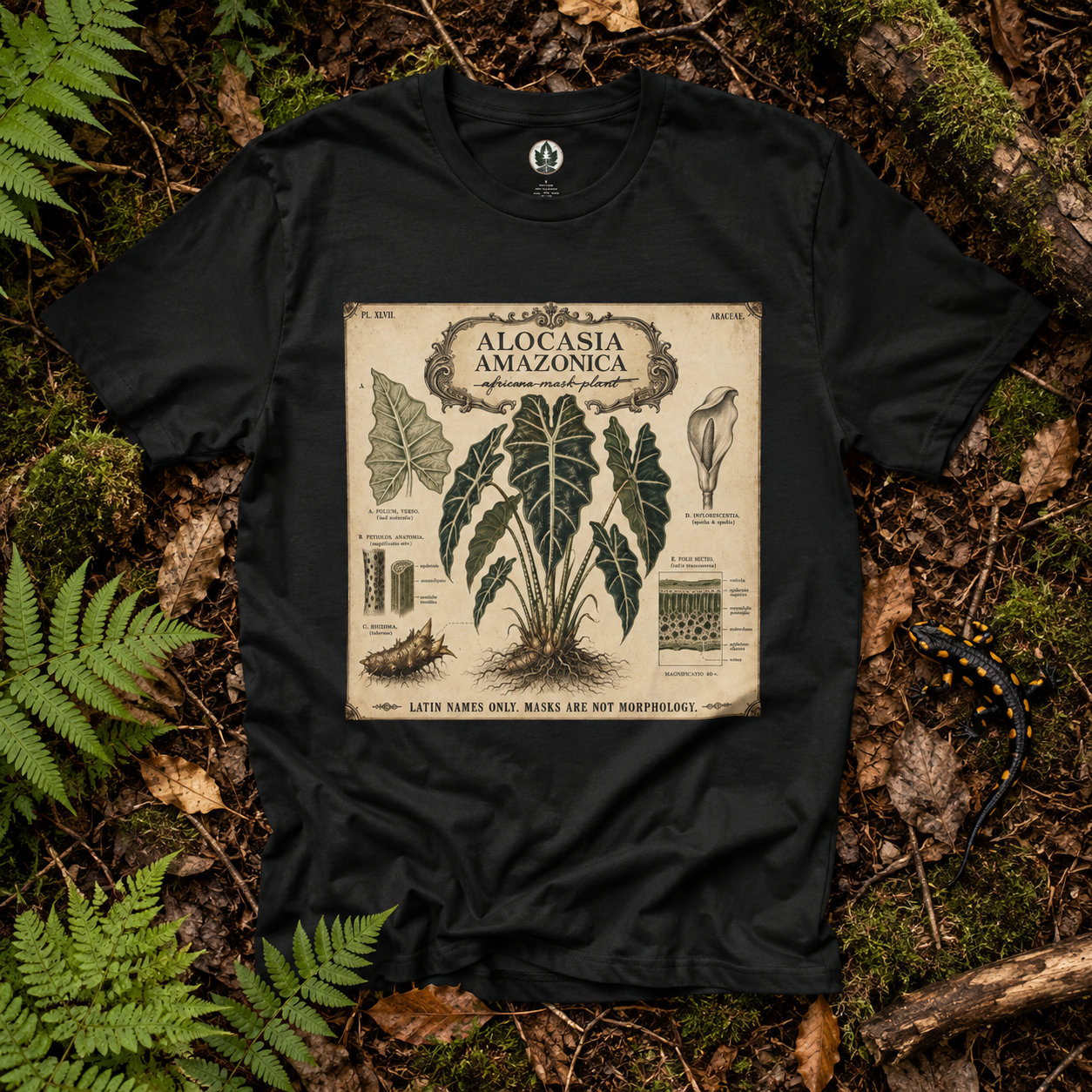 Latin Names Only. Masks Are Not Morphology. Alocasia amazonica, African Mask Plant T‑Shirt