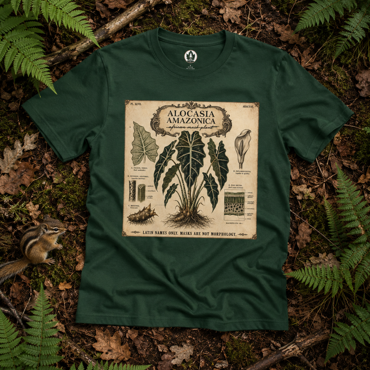 Latin Names Only. Masks Are Not Morphology. Alocasia amazonica, African Mask Plant T‑Shirt