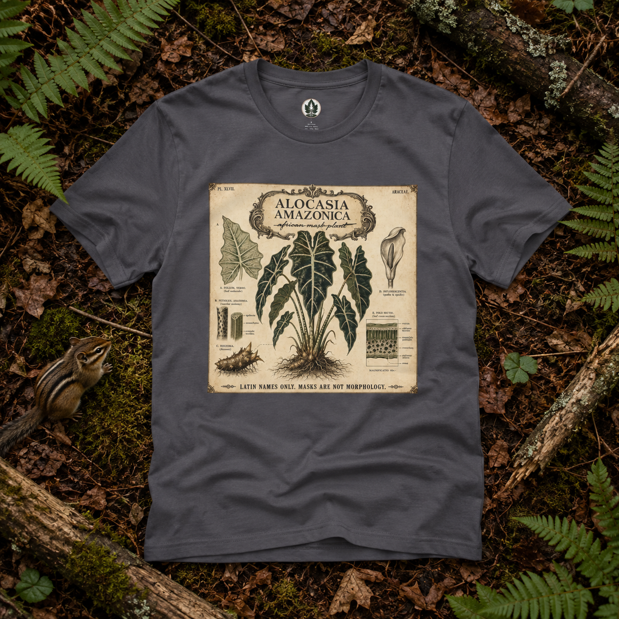 Latin Names Only. Masks Are Not Morphology. Alocasia amazonica, African Mask Plant T‑Shirt