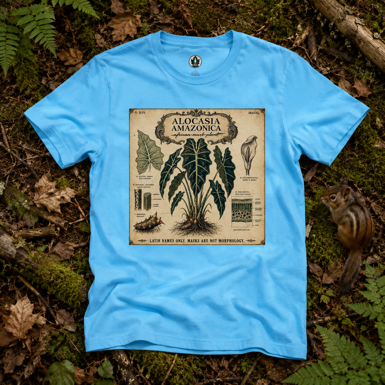 Latin Names Only. Masks Are Not Morphology. Alocasia amazonica, African Mask Plant T‑Shirt