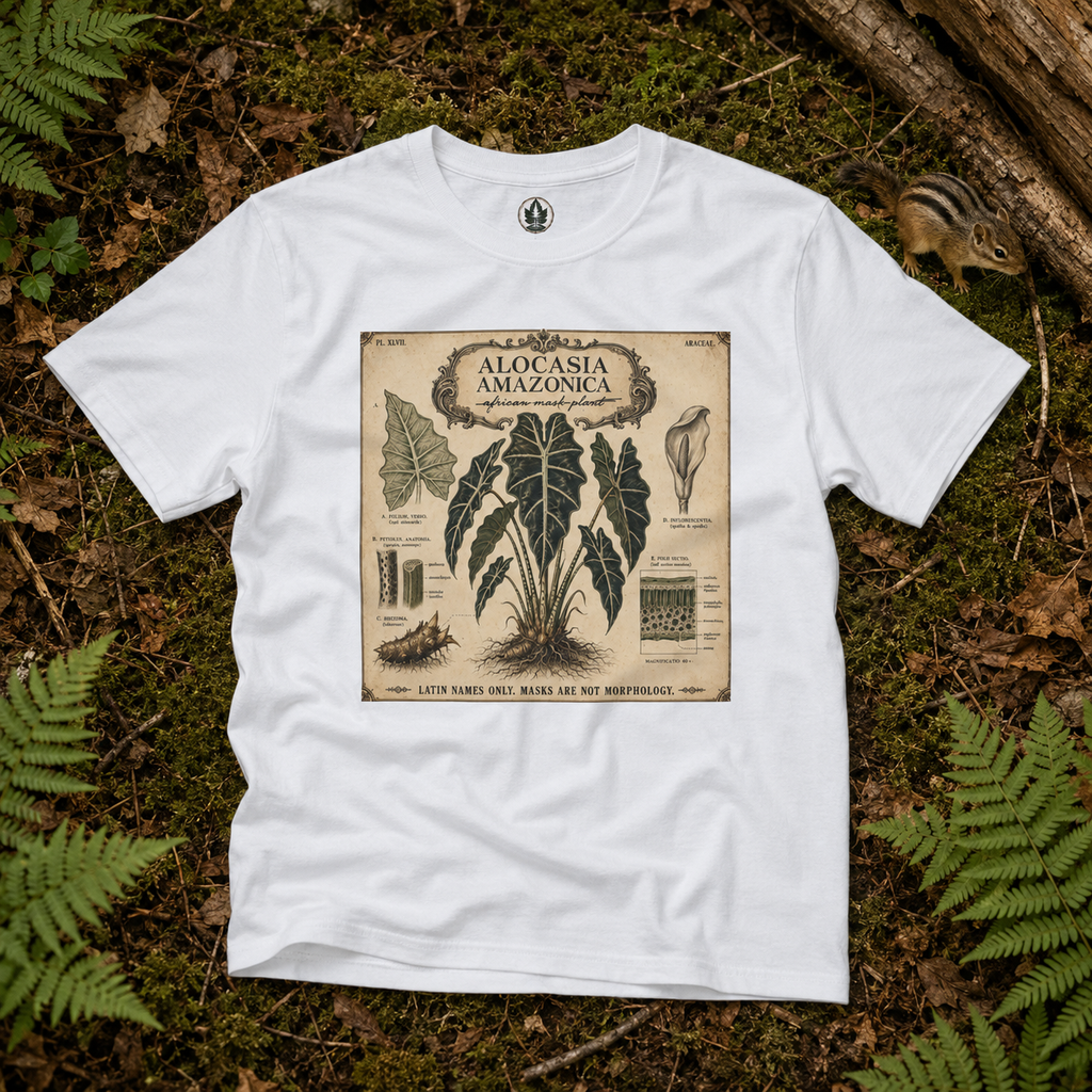 Latin Names Only. Masks Are Not Morphology. Alocasia amazonica, African Mask Plant T‑Shirt