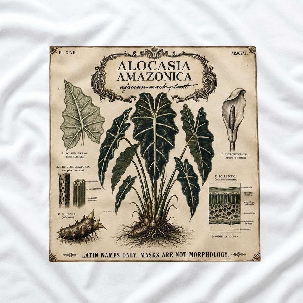 Latin Names Only. Masks Are Not Morphology. Alocasia amazonica, African Mask Plant T‑Shirt