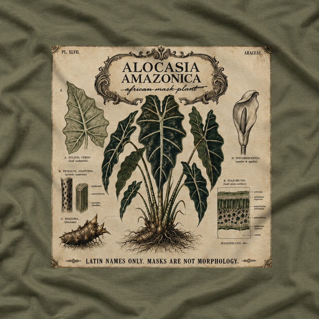 Latin Names Only. Masks Are Not Morphology. Alocasia amazonica, African Mask Plant T‑Shirt