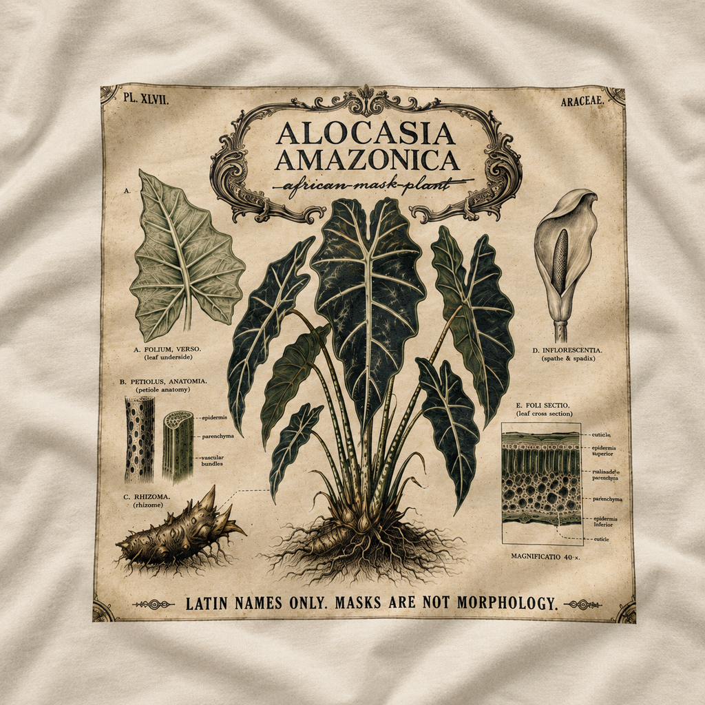 Latin Names Only. Masks Are Not Morphology. Alocasia amazonica, African Mask Plant T‑Shirt