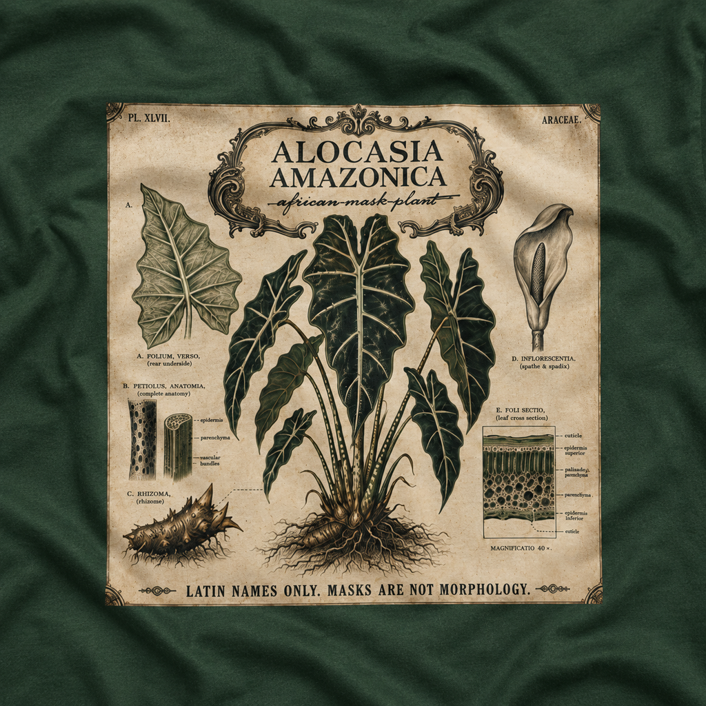 Latin Names Only. Masks Are Not Morphology. Alocasia amazonica, African Mask Plant T‑Shirt