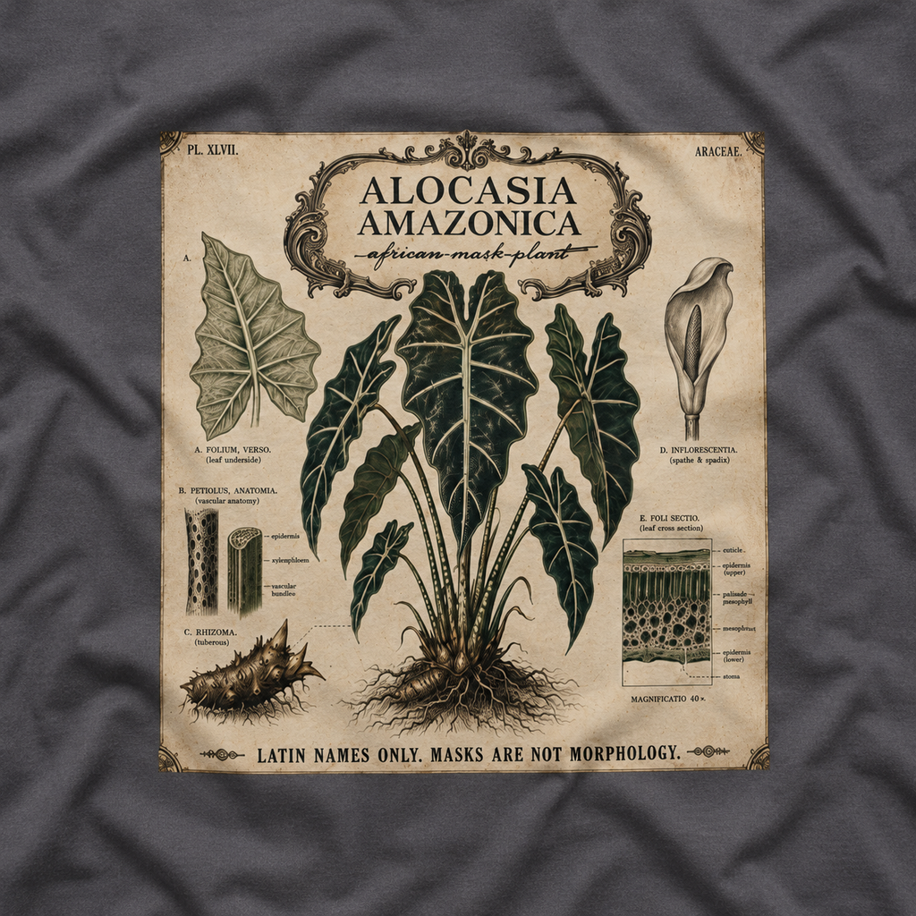 Latin Names Only. Masks Are Not Morphology. Alocasia amazonica, African Mask Plant T‑Shirt
