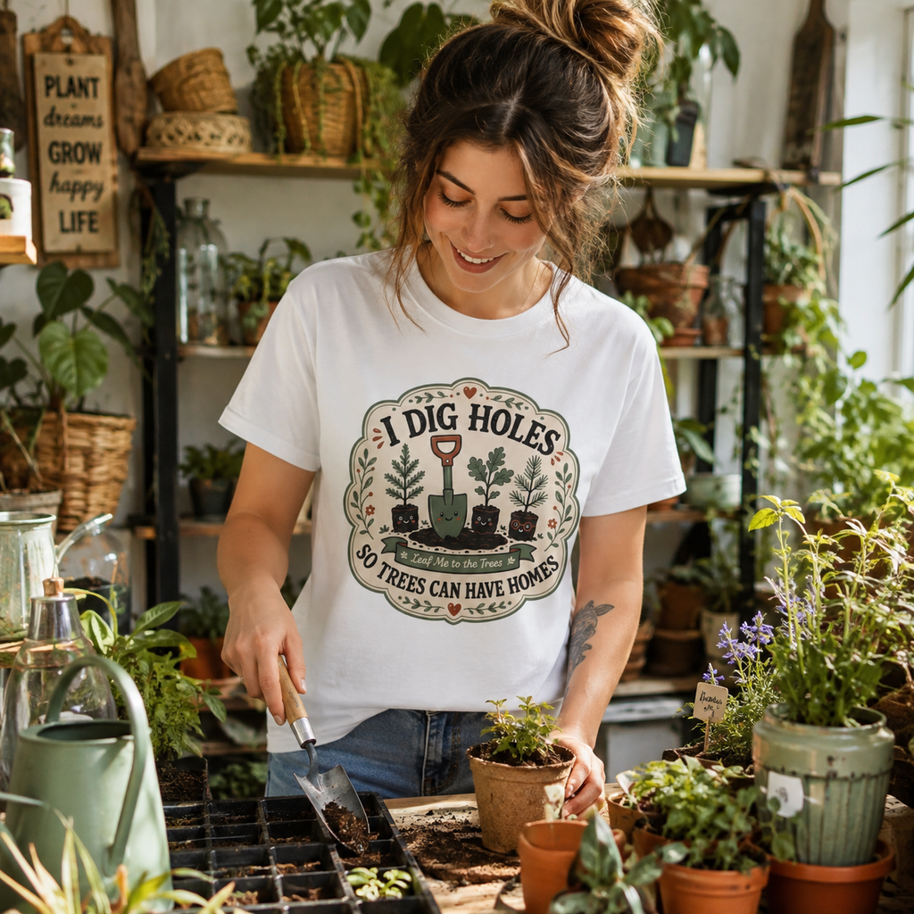 I Dig Holes So Trees Can Have Homes Version Three (Gardening Good Vibes Series) T‑Shirt