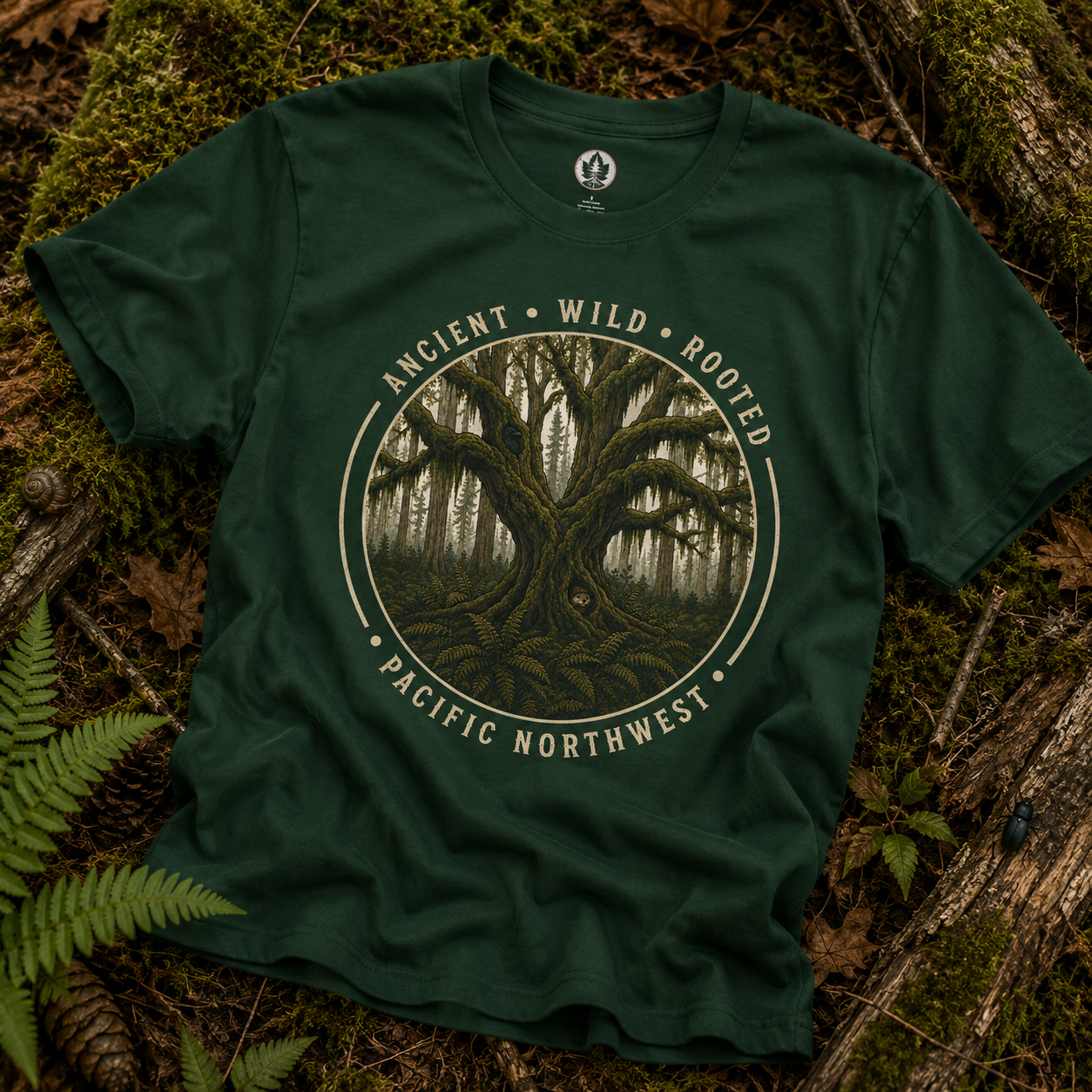 Copy of Pacific Northwest Tree T‑Shirt - "Ancient - Wild - Rooted" with Otto and Echo in the tree
