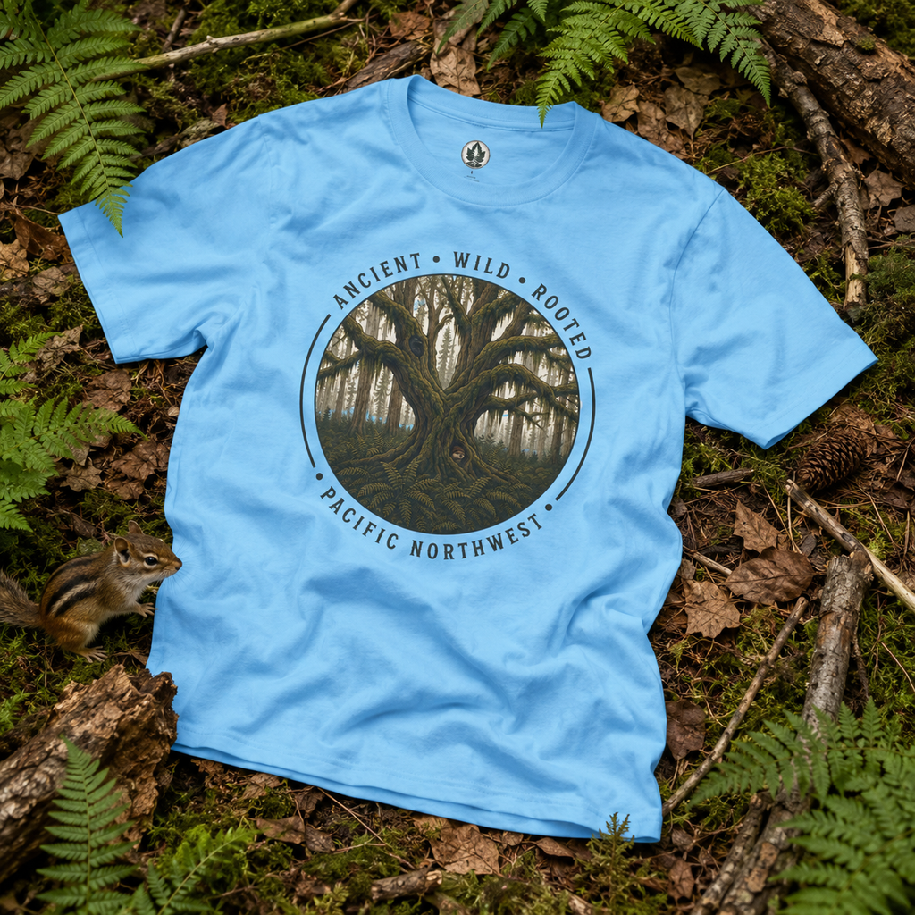Copy of Pacific Northwest Tree T‑Shirt - "Ancient - Wild - Rooted" with Otto and Echo in the tree