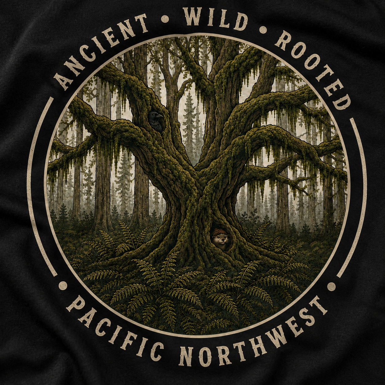 Copy of Pacific Northwest Tree T‑Shirt - "Ancient - Wild - Rooted" with Otto and Echo in the tree