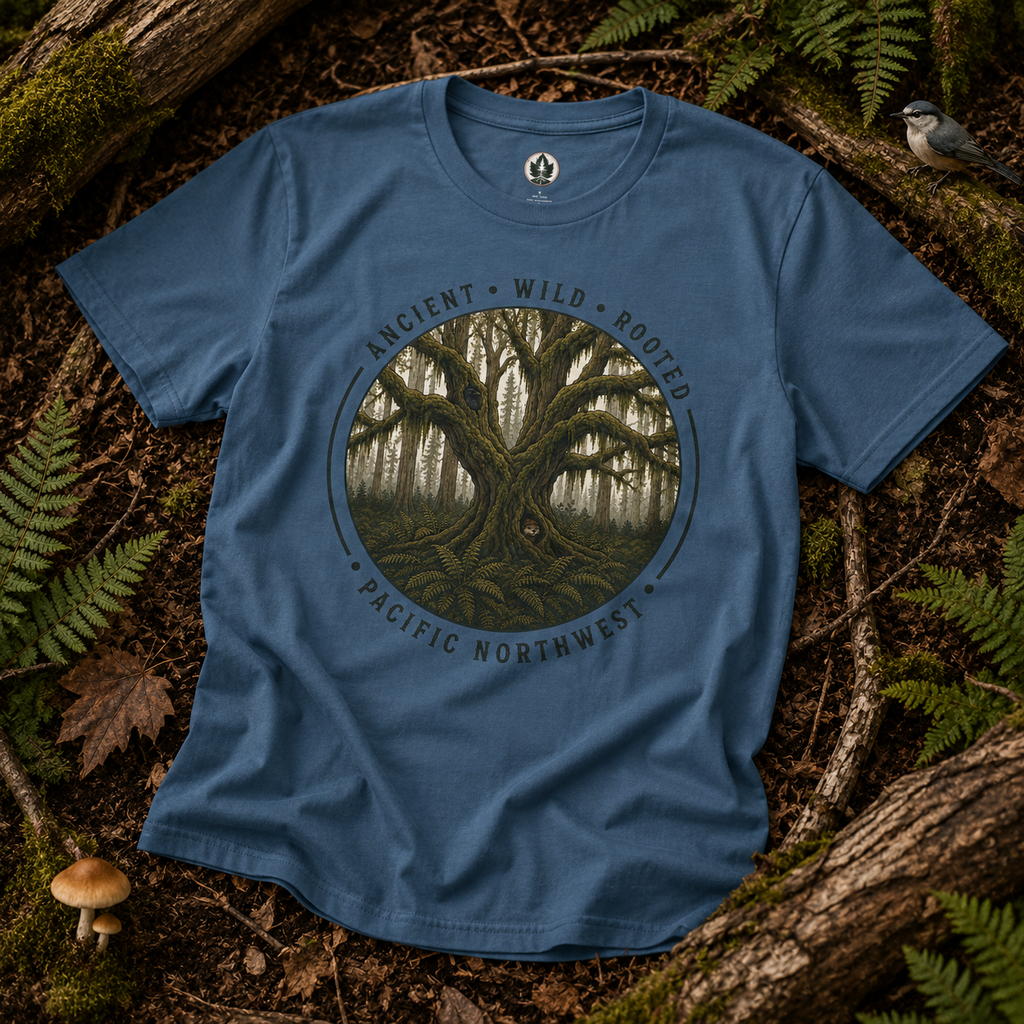 Copy of Pacific Northwest Tree T‑Shirt - "Ancient - Wild - Rooted" with Otto and Echo in the tree