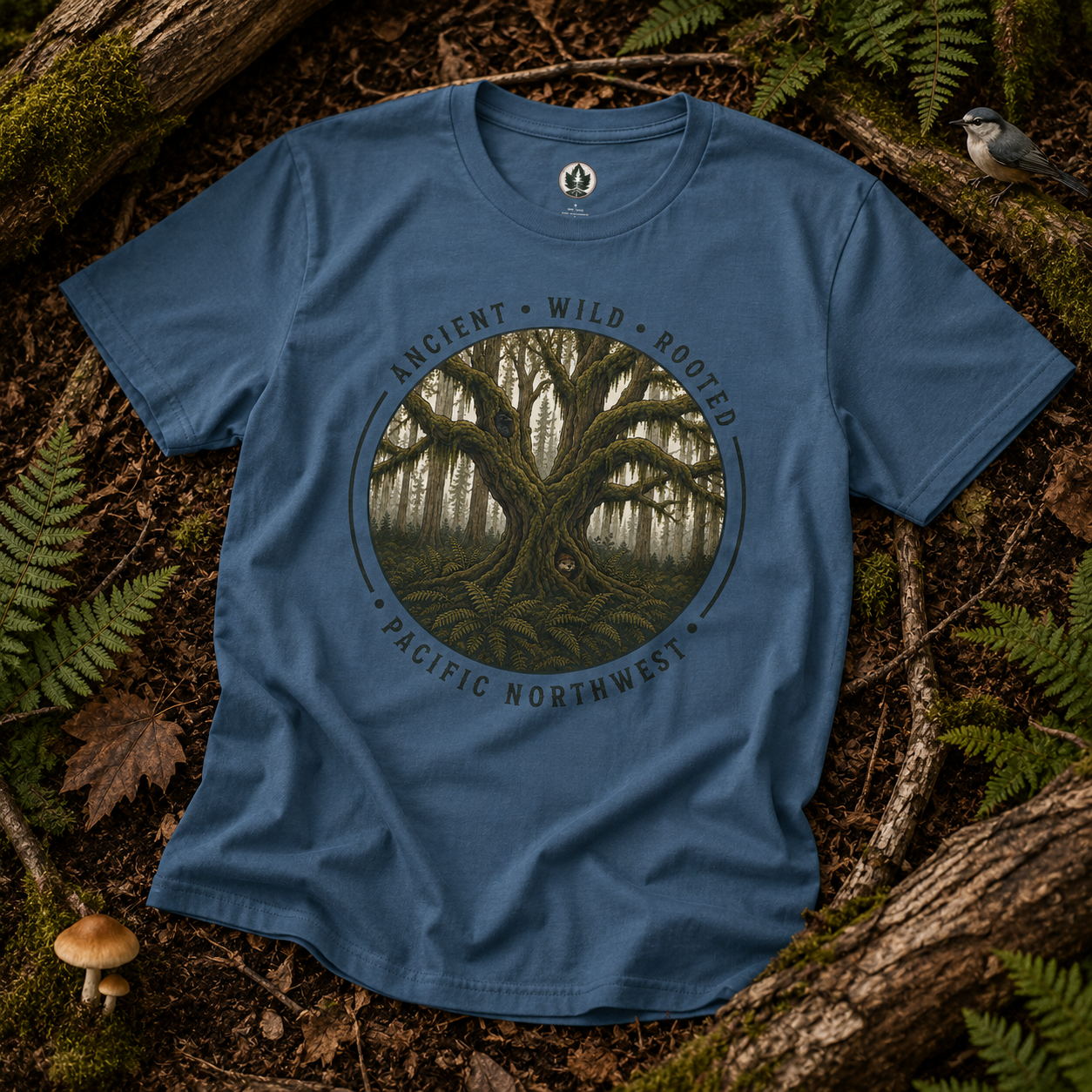 Copy of Pacific Northwest Tree T‑Shirt - "Ancient - Wild - Rooted" with Otto and Echo in the tree