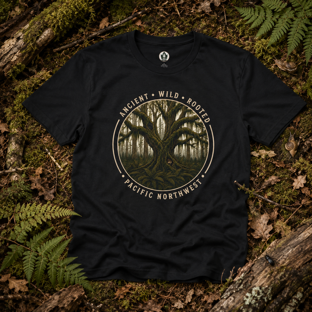 Copy of Pacific Northwest Tree T‑Shirt - "Ancient - Wild - Rooted" with Otto and Echo in the tree