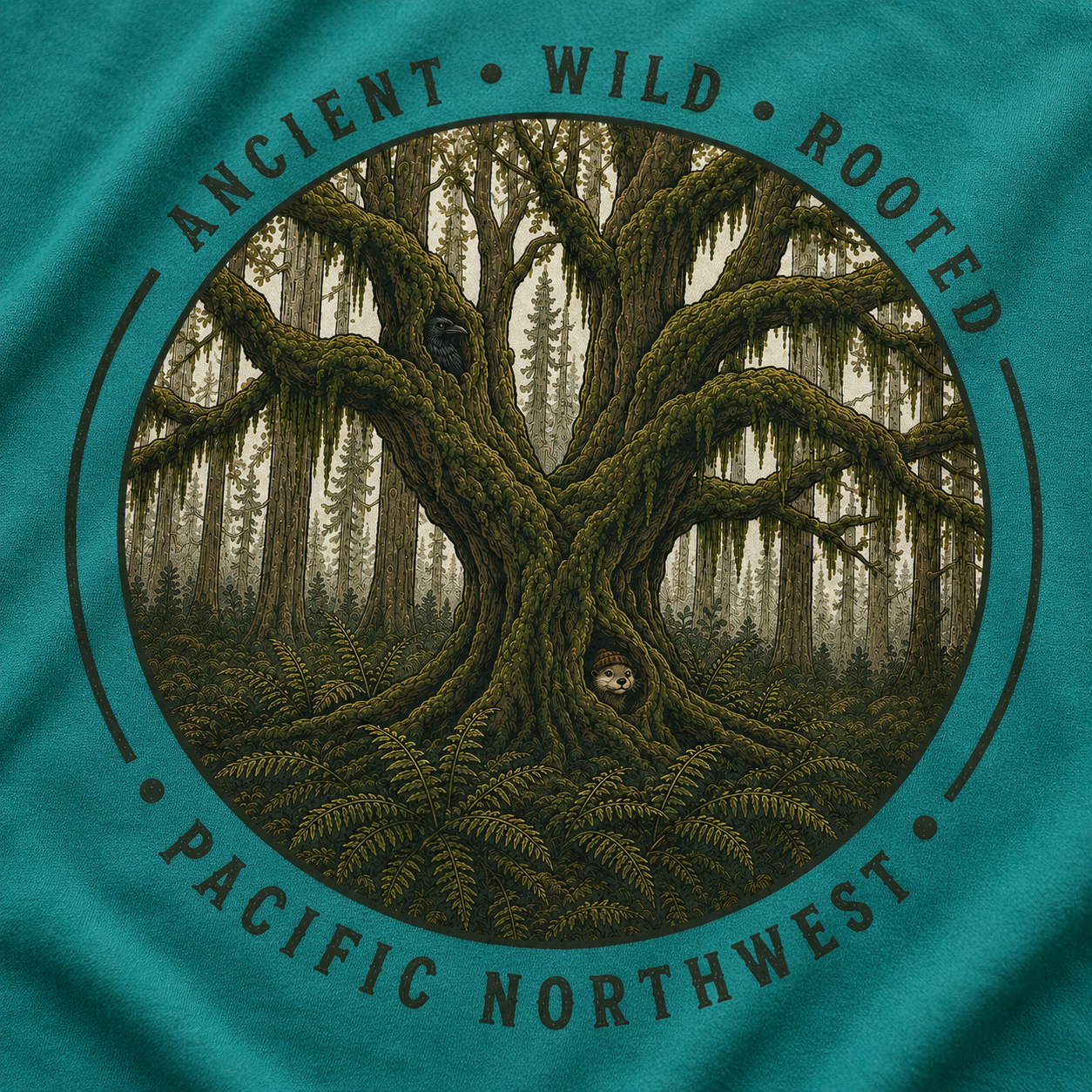 Copy of Pacific Northwest Tree T‑Shirt - "Ancient - Wild - Rooted" with Otto and Echo in the tree