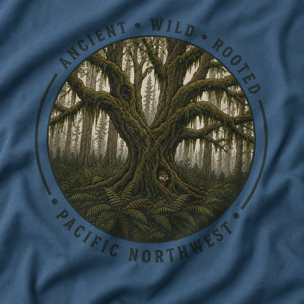 Copy of Pacific Northwest Tree T‑Shirt - "Ancient - Wild - Rooted" with Otto and Echo in the tree