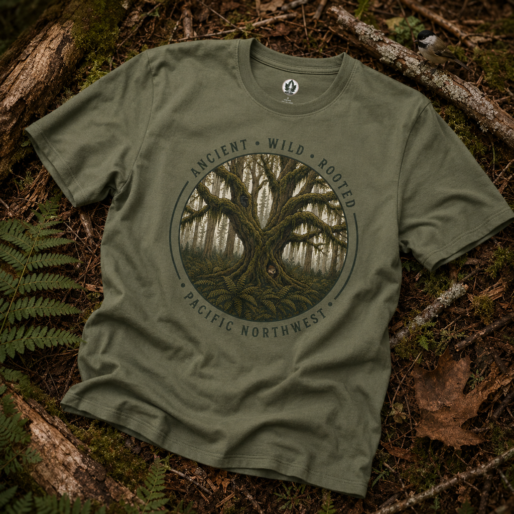 Copy of Pacific Northwest Tree T‑Shirt - "Ancient - Wild - Rooted" with Otto and Echo in the tree