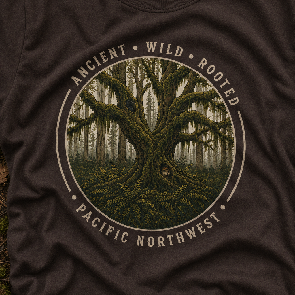 Copy of Pacific Northwest Tree T‑Shirt - "Ancient - Wild - Rooted" with Otto and Echo in the tree