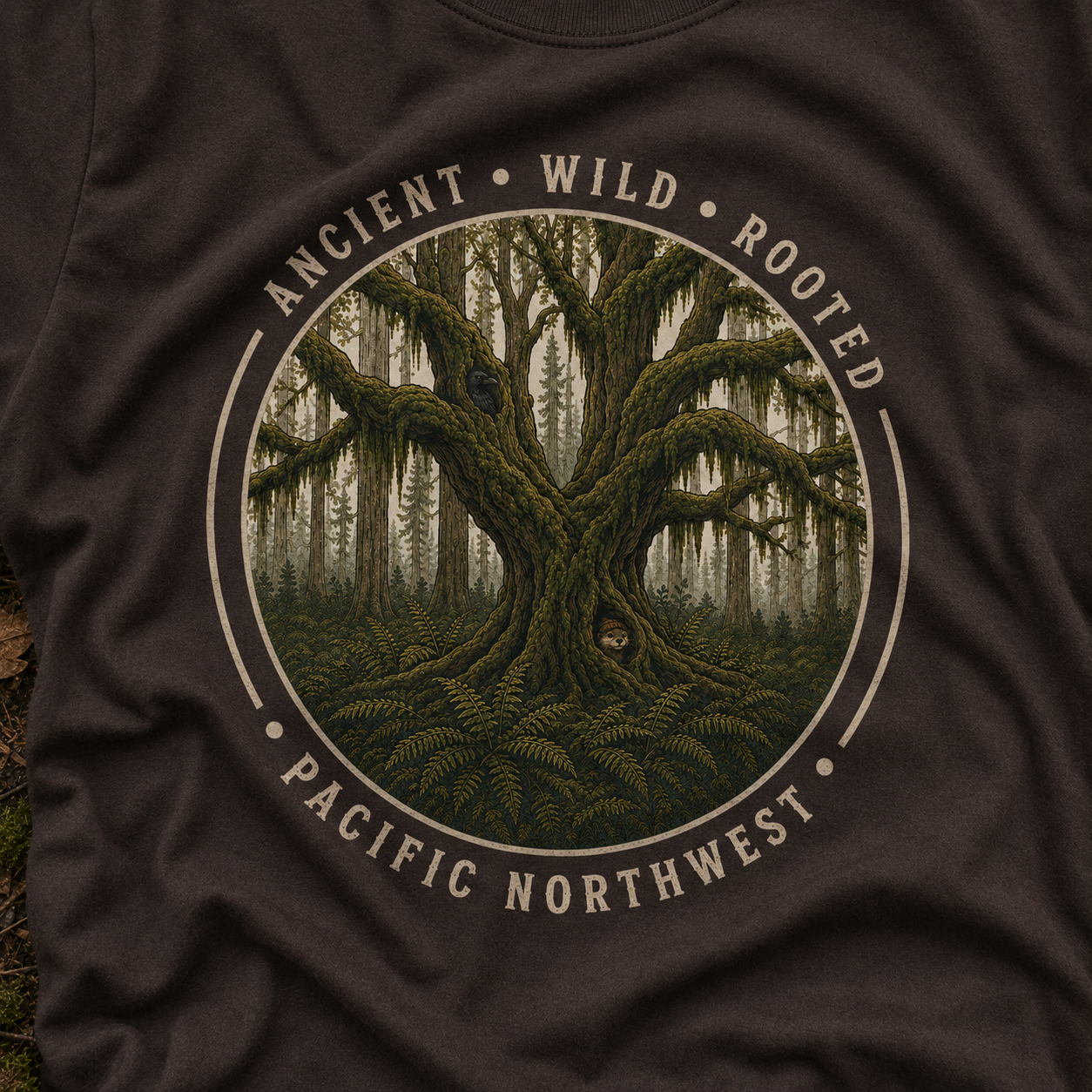 Copy of Pacific Northwest Tree T‑Shirt - "Ancient - Wild - Rooted" with Otto and Echo in the tree