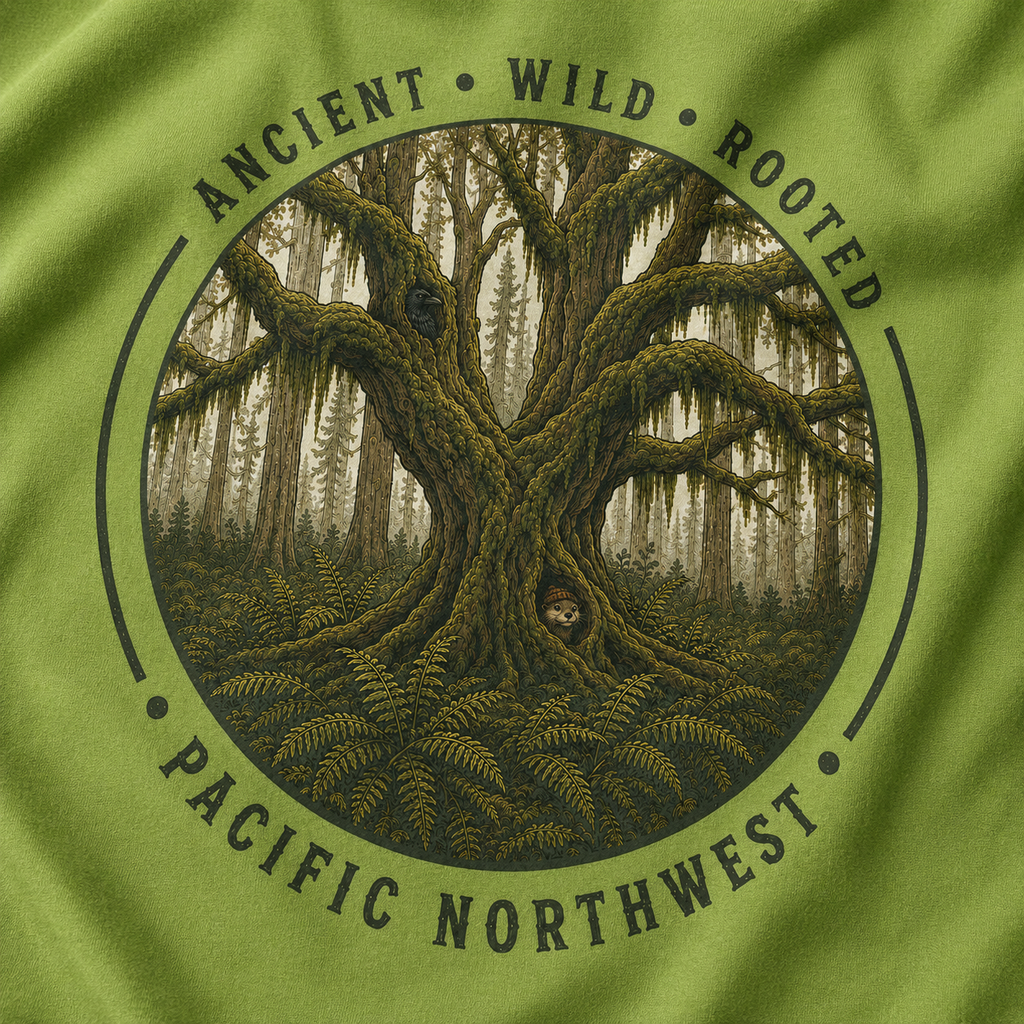 Copy of Pacific Northwest Tree T‑Shirt - "Ancient - Wild - Rooted" with Otto and Echo in the tree