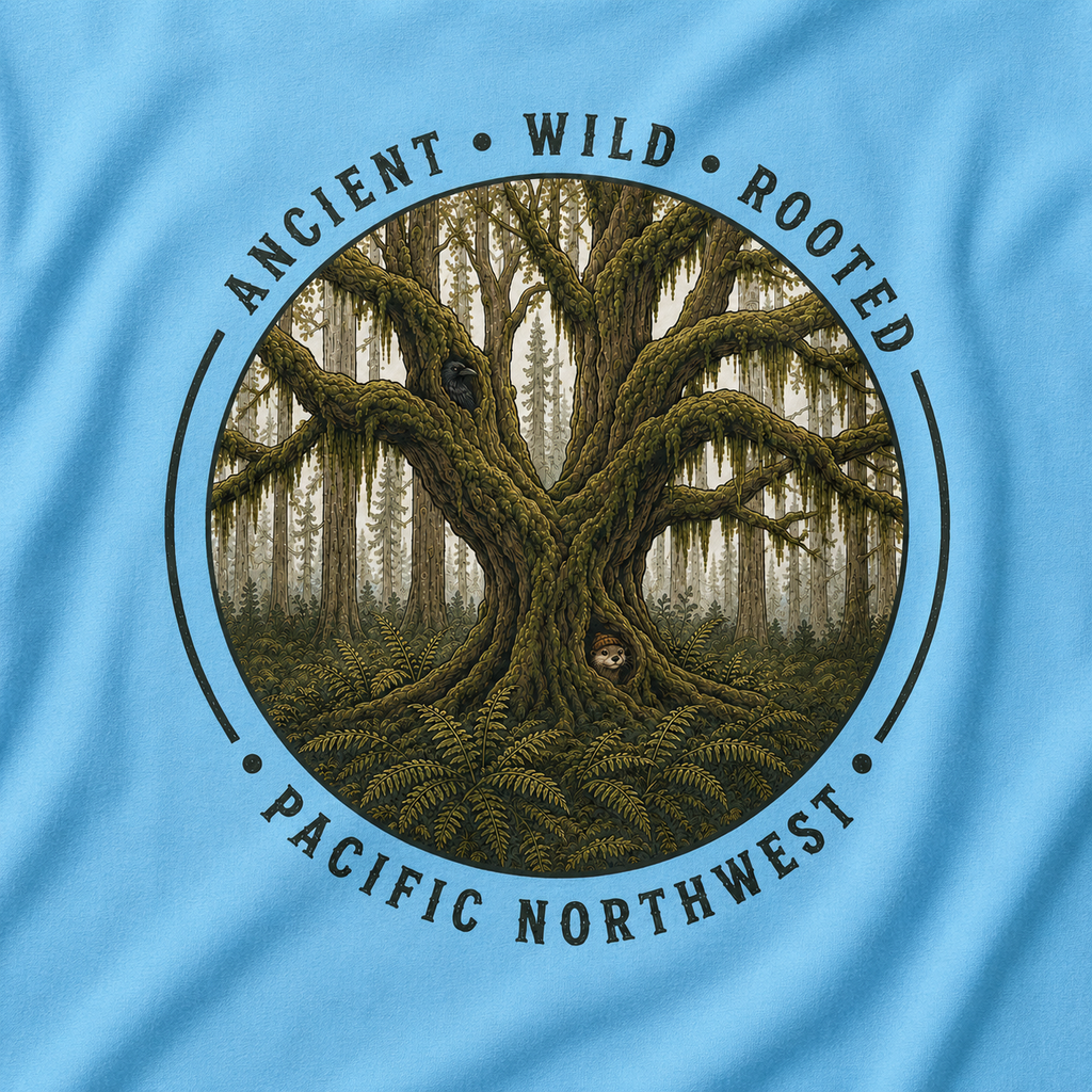 Copy of Pacific Northwest Tree T‑Shirt - "Ancient - Wild - Rooted" with Otto and Echo in the tree