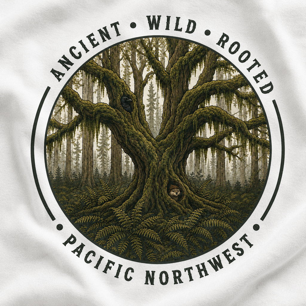 Copy of Pacific Northwest Tree T‑Shirt - "Ancient - Wild - Rooted" with Otto and Echo in the tree